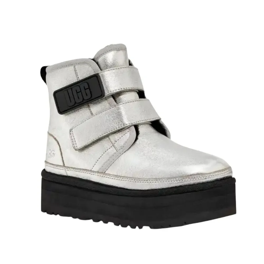 UGG Neumel Platform Leather Silver Metalic Size 6